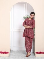 MAROON COTTON HANDBLOCK CO-ORD SET ( PACK CONTAIN :  1 KURTI, 1 PANT ) ,  Latest Designs and  Fashionable