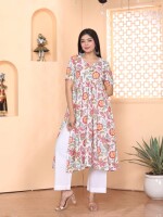 White floral alia cut kurti pant set with white doria dupatta