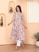 White floral alia cut kurti pant set with white doria dupatta