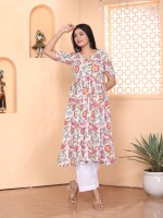 White floral alia cut kurti pant set with white doria dupatta