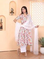 White floral alia cut kurti pant set with white doria dupatta