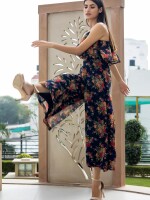 FLORAL RUFFLE JUMPSUIT , STYLISH V RUFFLED NECK , SLEEVELESS , BELL BOTTOM  and MATERIAL FABRIC : chiffon flower print