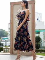 FLORAL RUFFLE JUMPSUIT , STYLISH V RUFFLED NECK , SLEEVELESS , BELL BOTTOM  and MATERIAL FABRIC : chiffon flower print