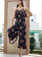 FLORAL RUFFLE JUMPSUIT , STYLISH V RUFFLED NECK , SLEEVELESS , BELL BOTTOM  and MATERIAL FABRIC : chiffon flower print