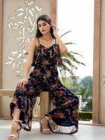 FLORAL RUFFLE JUMPSUIT , STYLISH V RUFFLED NECK , SLEEVELESS , BELL BOTTOM  and MATERIAL FABRIC : chiffon flower print