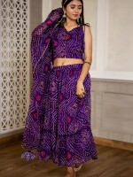 Purple bandhej strappy top skirt co-ord set (pack of 3)