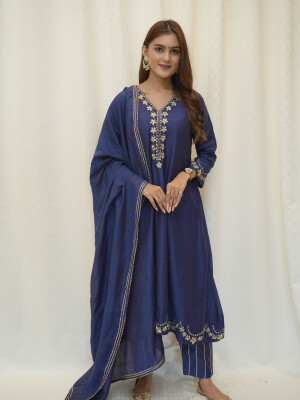 Navy Blue Chanderi Silk Suit Set, ethnic suit set crafted in pure chanderi silk