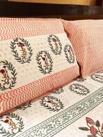 Orange Floral Block Printed Cotton Double Bedsheet Set With 2 Pillow Covers - 108 inches x 108 inches