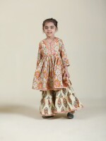 Beautiful Cotton Ivory Peplum Kurti With Sharara And Chanderi Dupatta Set for kids