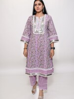 pure cotton formal lavender color kurta set, adorned with silver gotta and lace embellishments