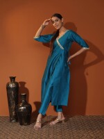 Teal blue angrakha kurta set for women