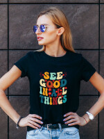 Women's Round Neck Black Half sleeve "See good in all things" Printed Cotton T-shirt- DDTSW-32