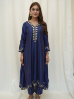 Navy Blue Chanderi Silk Suit Set, ethnic suit set crafted in pure chanderi silk