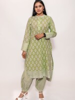 pure soft cotton pista green unusual tail-cut straight fit stand collar kurta set, paired with stripe matching Afghani pants