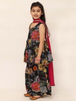 Festive Wear Black Floral Print Cotton Kurta With Sharara And A Hot Pink Dupatta, Latest Kids Wear, Trending Sharara Designs for Girls