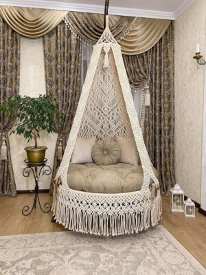 Macrame Boho Heart Diamond Swing Hammock Chair for Adults & Kids TOPW13- Beige