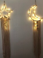 Home Decor Star & Moon Macrame Wall Hanging Dream Catcher with LED Light String (Off White, Moon -19 x 110cm and Star – 17 x 110cm)