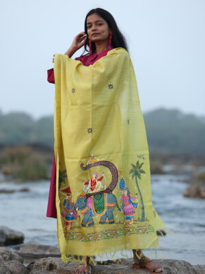 Royal yellow munga silk pattachitra dupatta