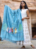 Pattachitra munga silk turquoise hand painted dupatta