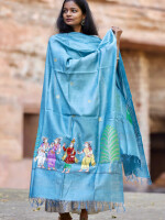 Pattachitra munga silk turquoise hand painted dupatta