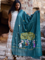 Teal grey pattachitra hand Painted munga silk dupatta