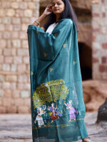 Teal grey pattachitra hand Painted munga silk dupatta