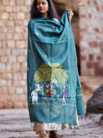 Teal grey pattachitra hand Painted munga silk dupatta