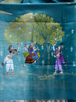 Teal grey pattachitra hand Painted munga silk dupatta