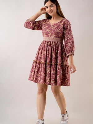 Women's Pure Cotton Designer Printed Dress-(Maroon)-DR4001MAROON
