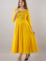 Women's Solid Dyed Rayon Designer Embroidered A-Line Kurta - KR016MUSTARD
