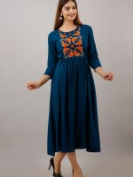 Women's Solid Dyed Rayon Designer Embroidered A-Line Kurta - KR055BLUE