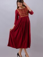 Women's Solid Dyed Rayon Designer Embroidered A-Line Kurta - KR064MAROON