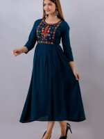 Women's Solid Dyed Rayon Designer Embroidered A-Line Kurta - KR078BLUE