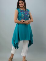 Women's Solid Dyed Rayon Designer Embroidered A-Line Kurta - KR0100TURQUOISE