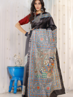 Radha krishna madhubani hand painted silk saree