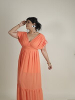 Sunny orange plaid & plead polyester maxi dress for women