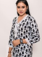 Straight-cut stylish black and grey motif floral kurta with a beautiful lace neckline and 3/4 sleeves vibrant and elegant ensemble
