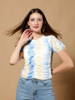 Gathered mesh tie dye blue top for women
