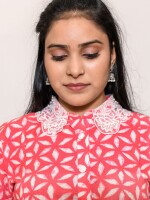 pure cotton hot pink A-line short length Kurti, adorned with a white embroidered collar
