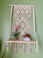 Boho Macrame Wooden Wall Hanging Shelf, Modern Chic Woven Macrame Tapestries, Wall Art Home Decor for Apartment, Dorm, Bedroom, Living Room, Nursery,