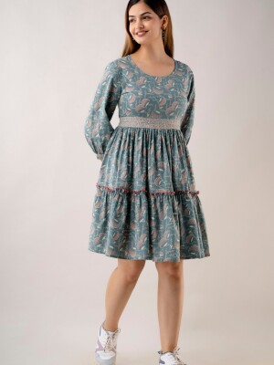 Women's Pure Cotton Designer Printed Dress-(BLUE)-DR4001BLUE