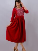 Women's Solid Dyed Rayon Designer Embroidered A-Line Kurta - KR065MAROON