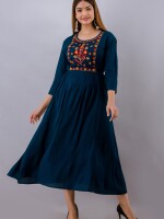 Women's Solid Dyed Rayon Designer Embroidered A-Line Kurta - KR078BLUE