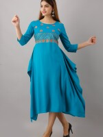 Women's Solid Dyed Rayon Designer Embroidered A-Line Kurta - KR063TURQUOISE
