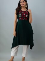 Women's Solid Dyed Rayon Designer Embroidered A-Line Kurta - KR0100GREEN