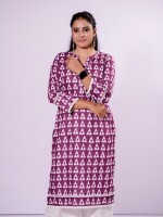 Violet solid color straight-cut silhouette kurta with V-cut neckline adorned with pearls.
