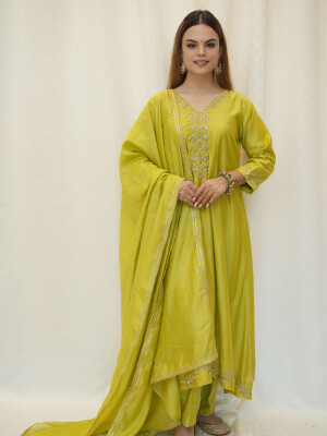 Lime Green Chanderi Silk Suit Set, with golden zari embroidery over neck and sleeves.