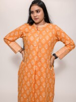 pure soft cotton fresh orange unusual tail-cut straight fit stand collar kurta set, paired with stripe matching Afghani pants