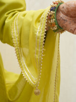 Lime Green Chanderi Silk Suit Set, with golden zari embroidery over neck and sleeves.