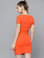 Orange ruched women bodycon dress